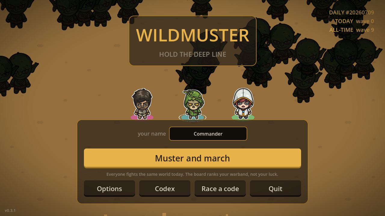 The main menu: name your commander and march the daily muster